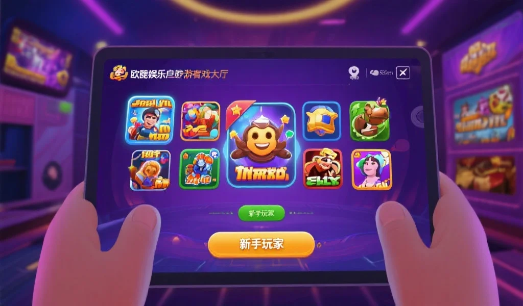 新手玩家首次进入欧陆娱乐客户端游戏大厅，屏幕上展示多款游戏图标，氛围轻松愉快